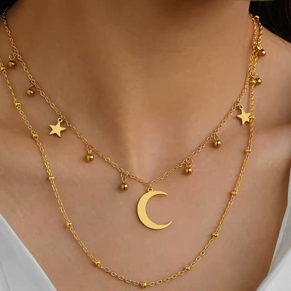 Gold Moon and Star Layered Necklace - Picture 1 of 3